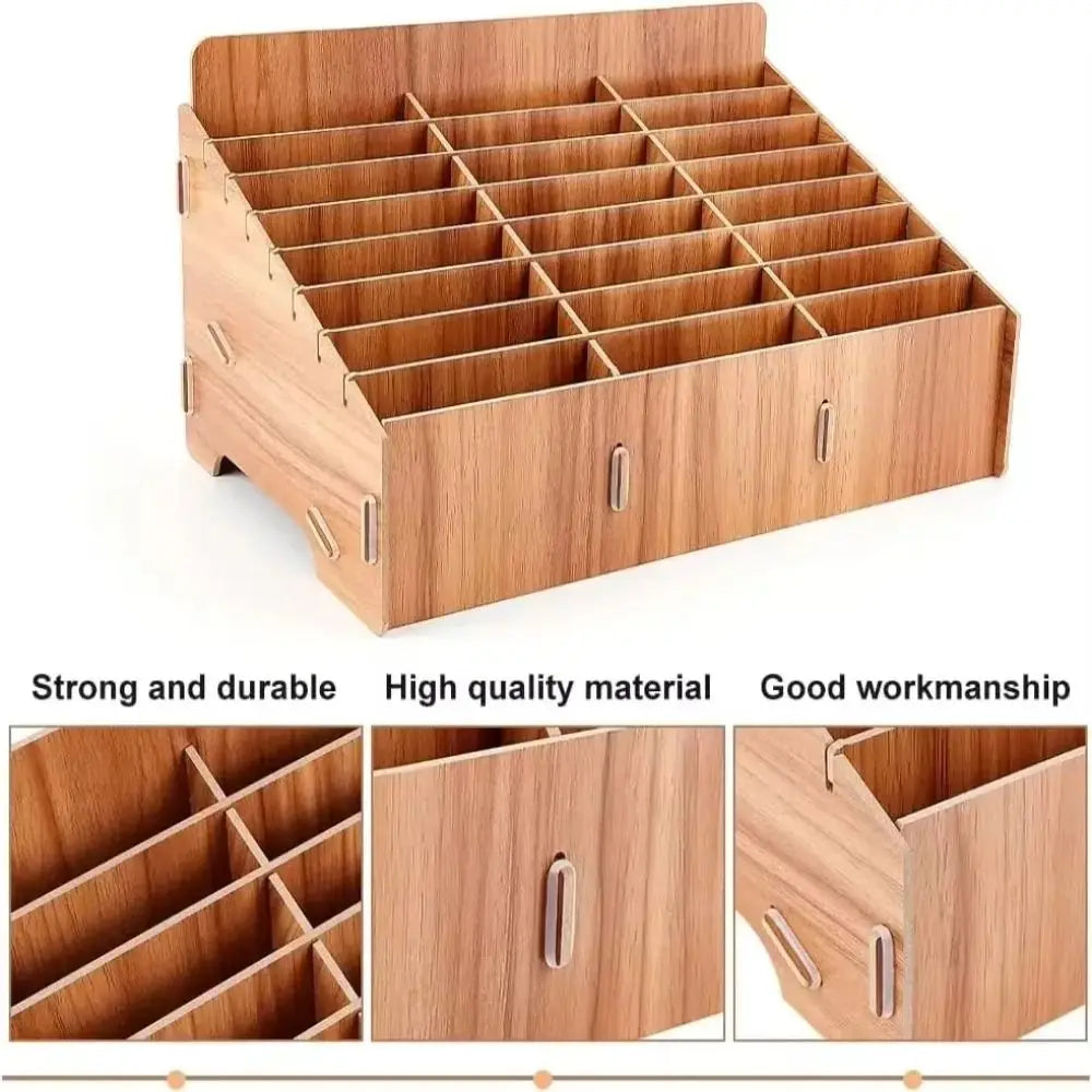 Wooden Multi-Grid Phone & Card Holder Desk Organizer Rack