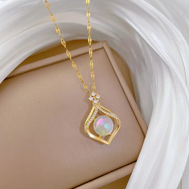 Zirconia Waterdrop Mermaid Pendant Necklace | Gold Steel