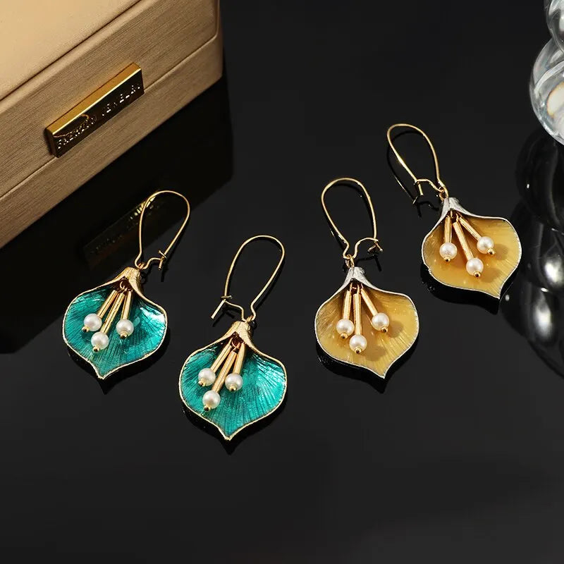 2PCS Enamel Flower Drop Earrings – Bohemian Tassel Style Women