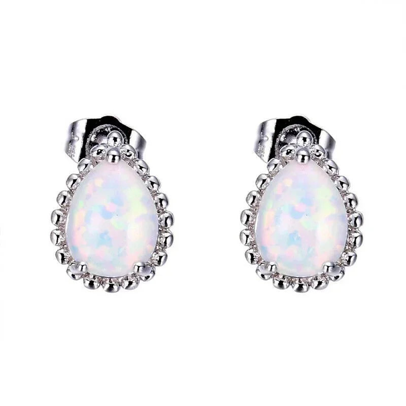 White Simulated Opal Drop Earrings – Trendy Dangle Studs