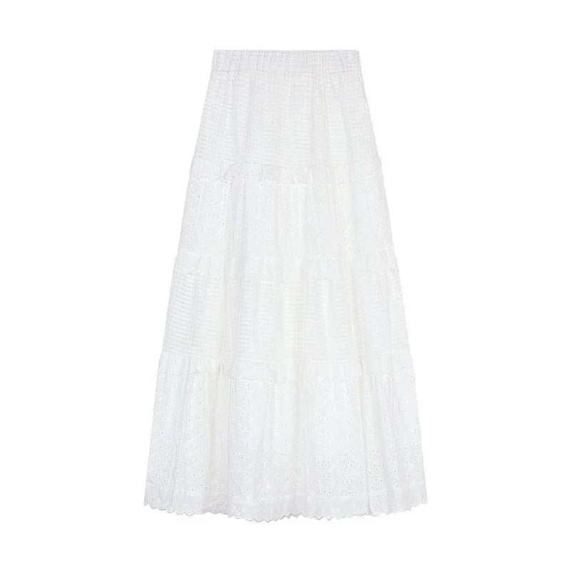 Women's Vintage High Waist A-Line Long Skirt – White & Black