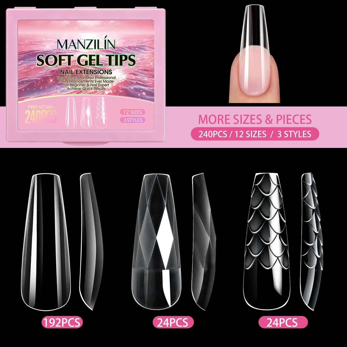 3D Fish Scale Press On Nails 240Pcs – Short Almond Soft Gel