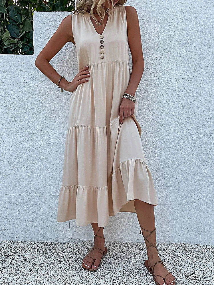Women's Sleeveless V-Neck Ruffle Midi Sundress | SAILASIDIYA