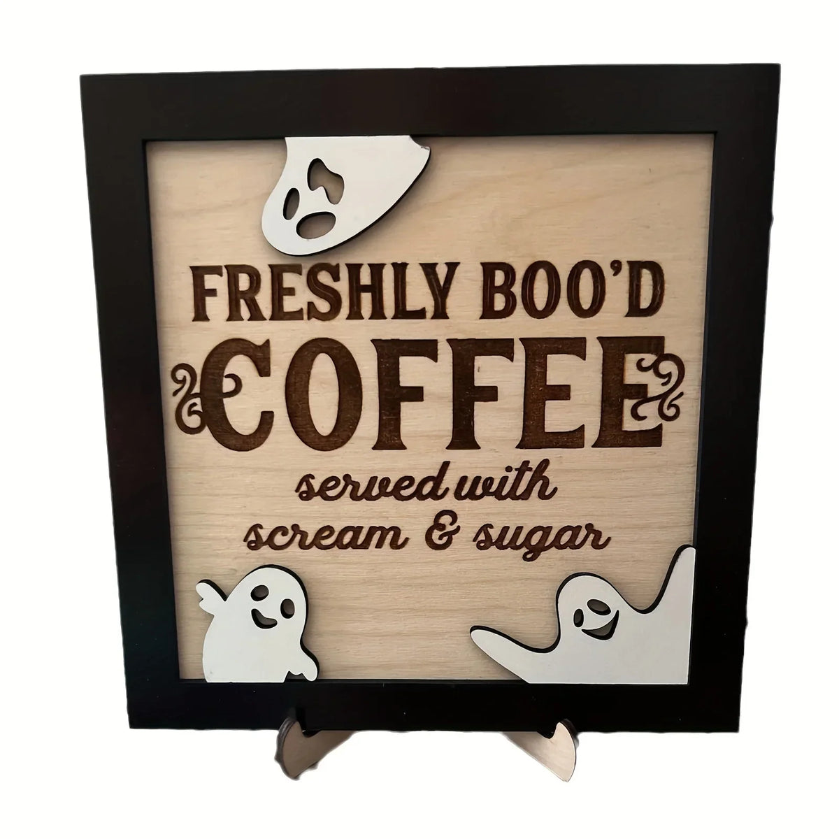3D Wooden "Fresh Boo Coffee" Halloween Sign | Ghost Décor