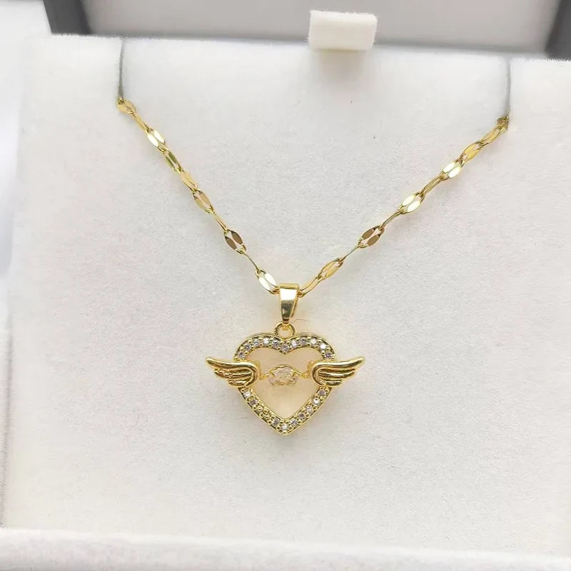 Love Heart Angel Wings Copper Pendant Necklace for Women