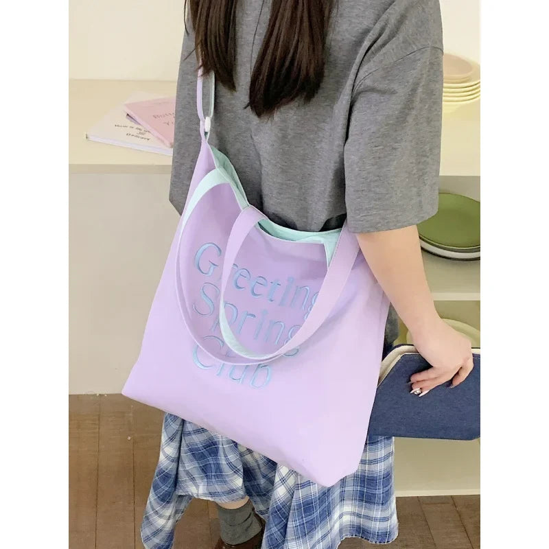 Korean Nylon Double-Sided Tote Bag | Letter Embroidery