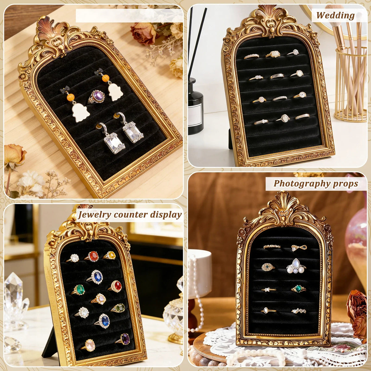 Vintage Gold Ring Display Stand & Velvet Earring Tray | Baroque
