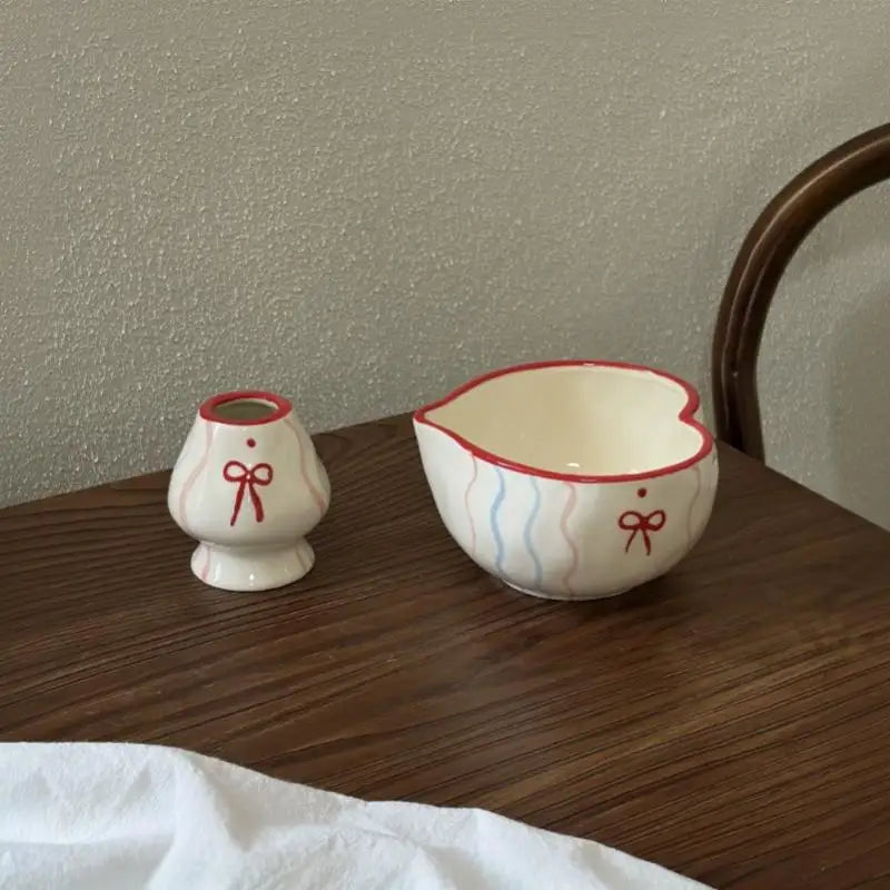 Heart Print Ceramic Matcha Bowl & Whisk Holder Set – 2Pcs