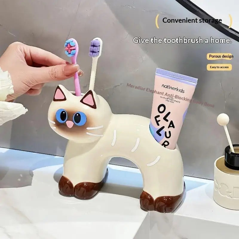 Ceramic Cat Toothbrush Holder – No-Drill Self-Adhesive Rack