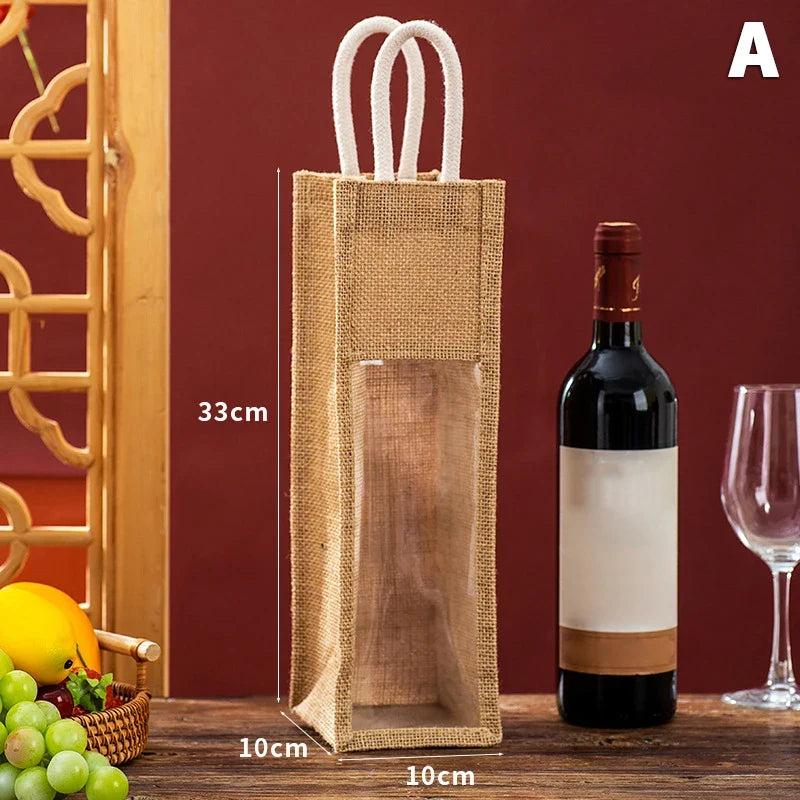 Linen Wine Gift Bag with Window & Handle – Single or Double Bottle