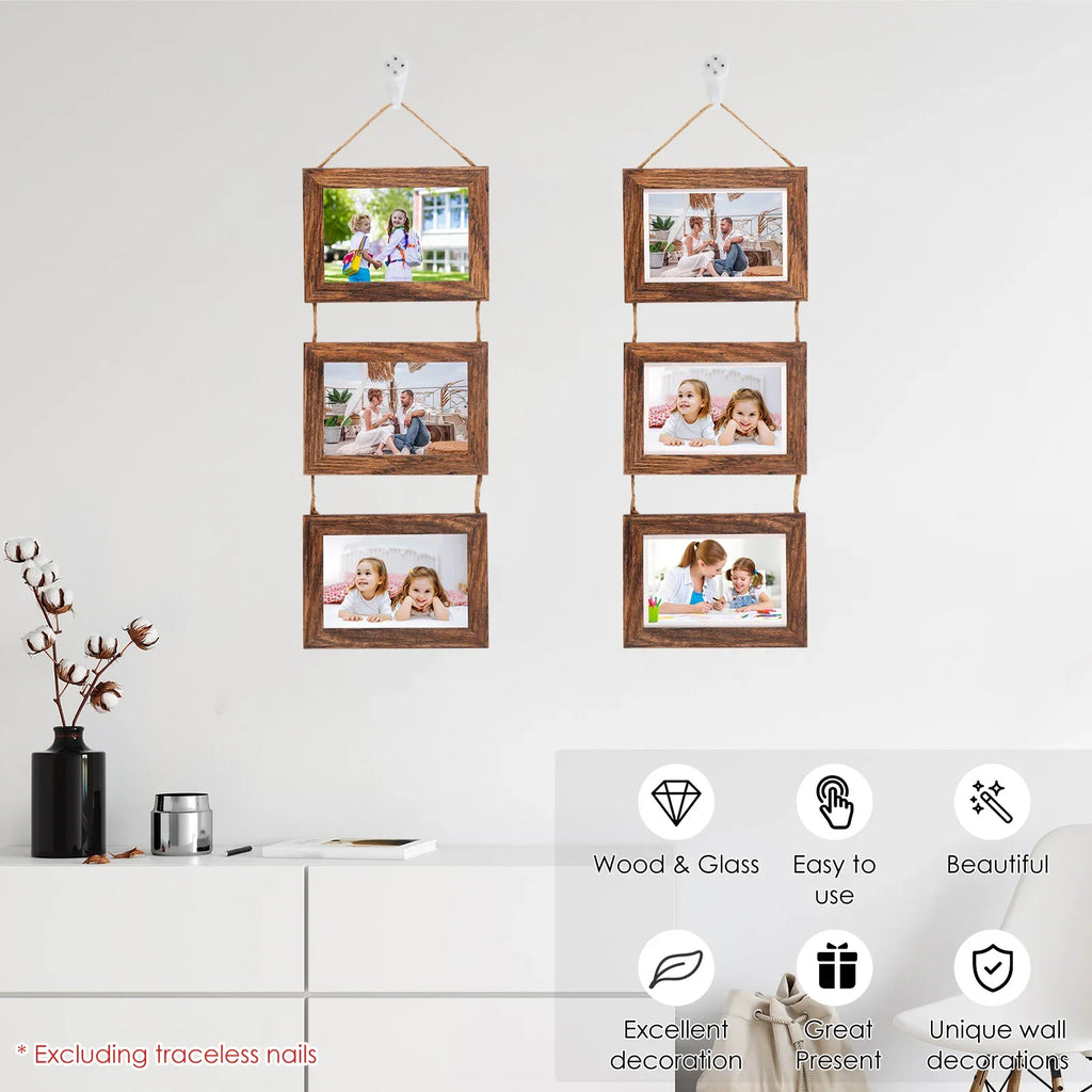 4-Pack Triple Wall Hanging Collage Photo Frames – Rustic Wood
