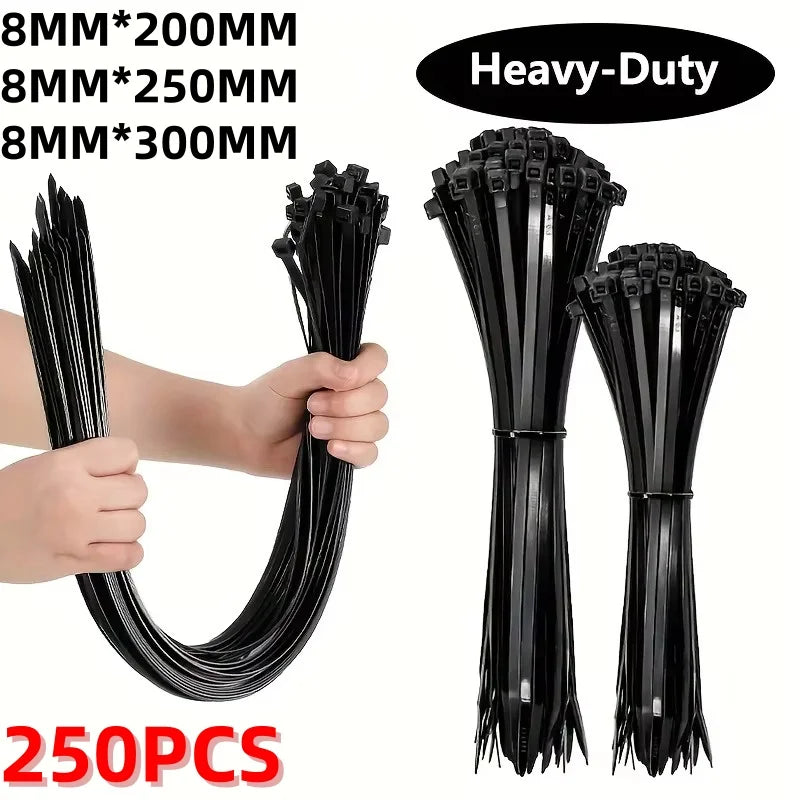 250pcs 8MM Heavy Duty Black Nylon Cable Zip Ties – Water Resistant