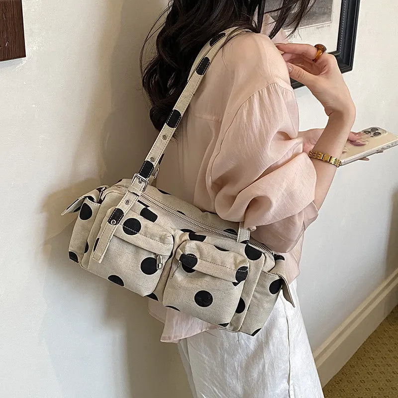 Korean Polka Dot Canvas Tote Bag – Large Women's Shoulder Bag