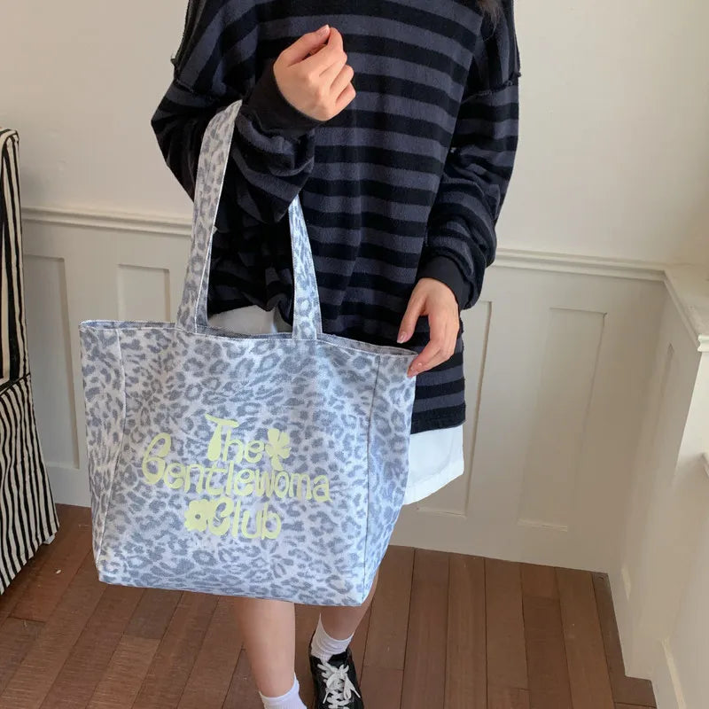 Leopard Print Letter Tote Bag – Large Canvas Shoulder Bag