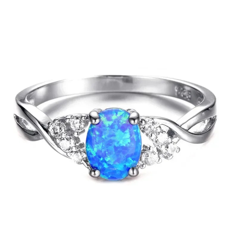 Women Silver Oval Blue Simulated Opal CZ Ring Sizes 6–10
