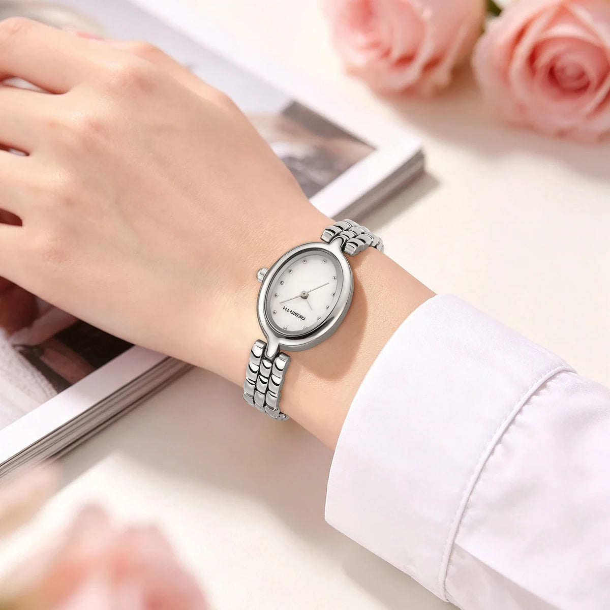 REBIRTH Women's Oval Mother-of-Pearl Quartz Watch | Steel Strap