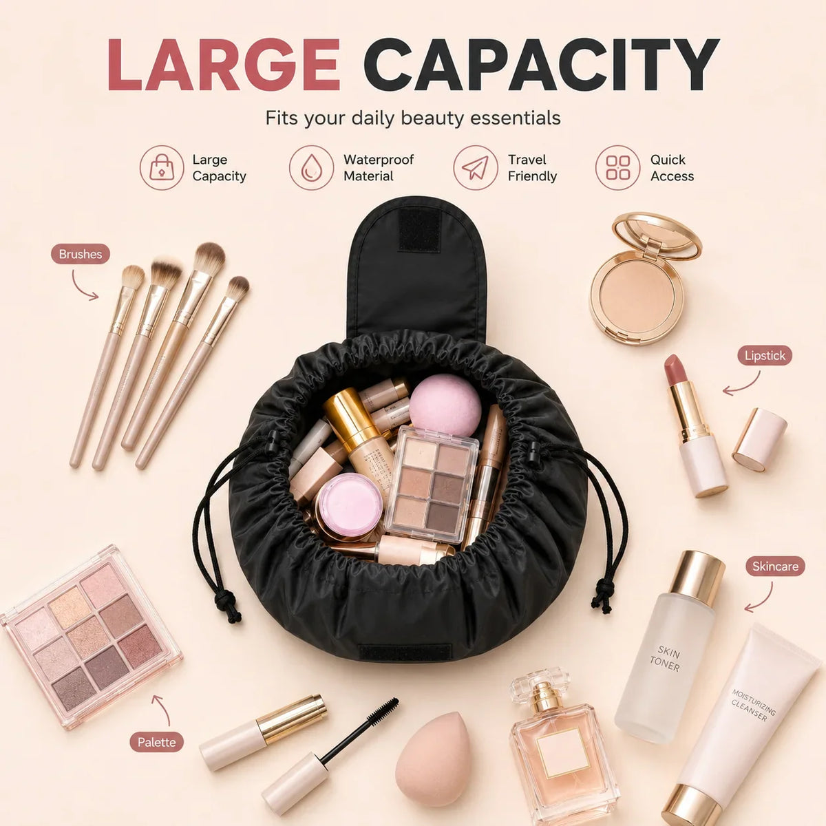 Waterproof Drawstring Makeup Organizer Bag for Travel & Home