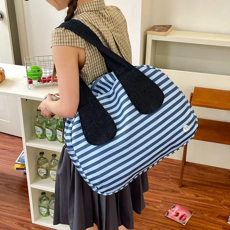 Vintage Striped Canvas Tote Bag | Korean-Style Shoulder Handbag