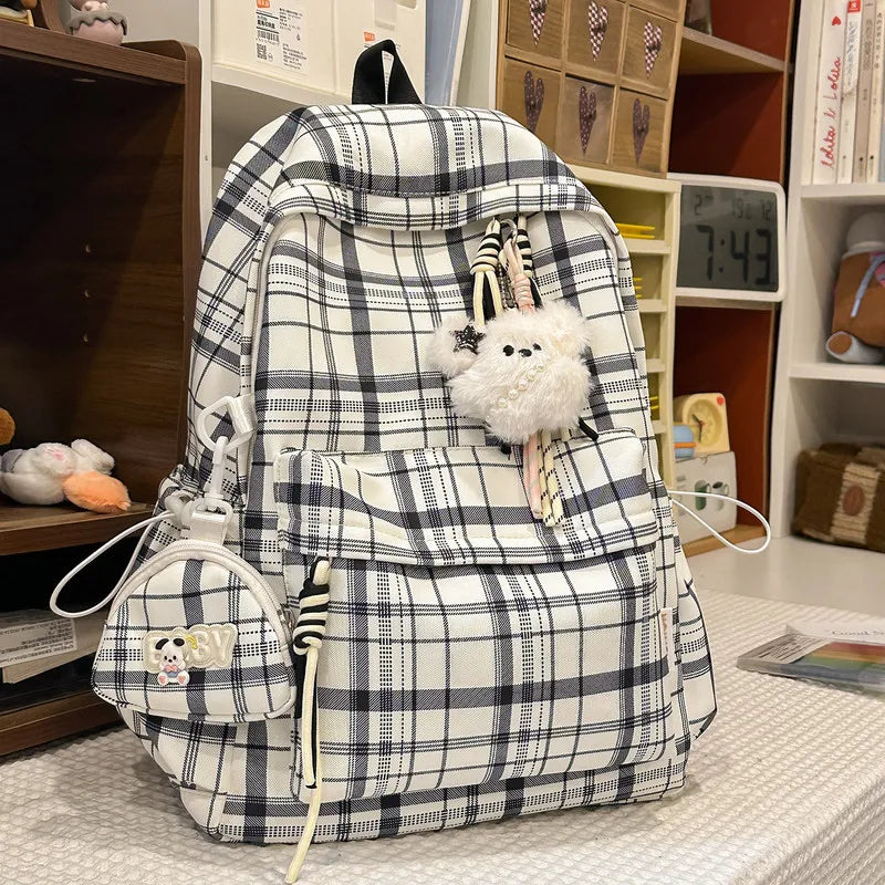 Korean Plaid Backpack – Large Capacity Student Campus Bag