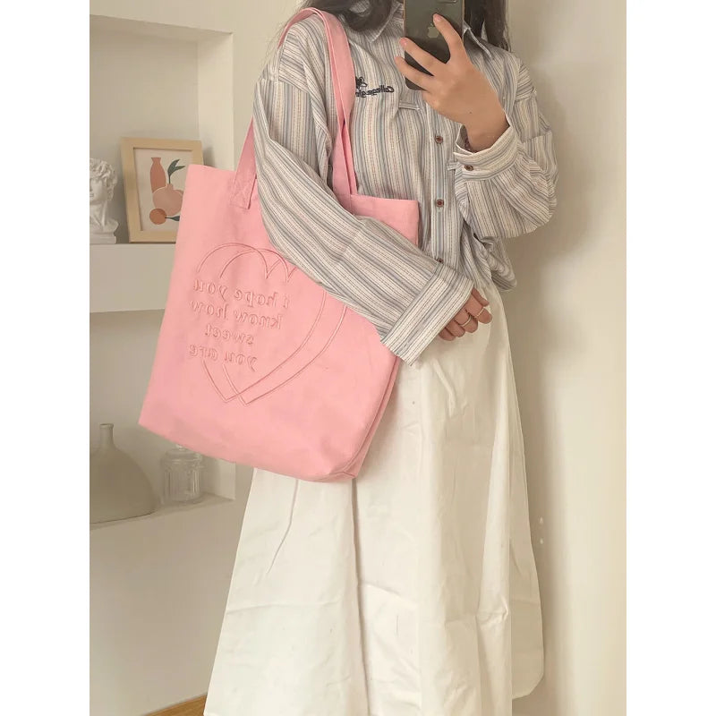 Korean Heart Embroidery Canvas Tote Bag – Large Capacity
