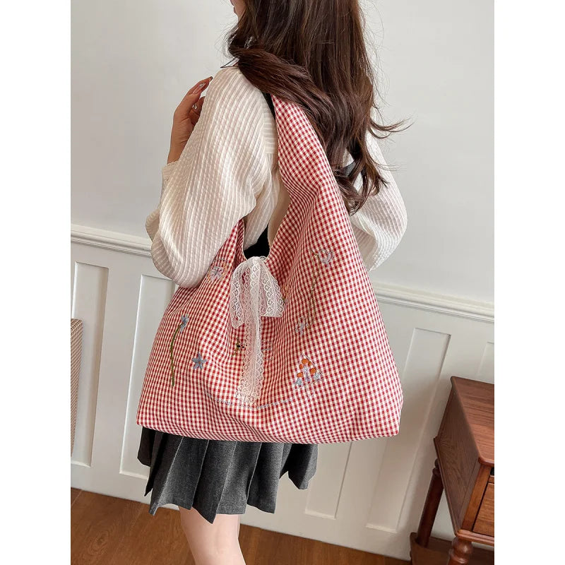 Women's Plaid Shoulder Bag with Embroidered Flowers | Large