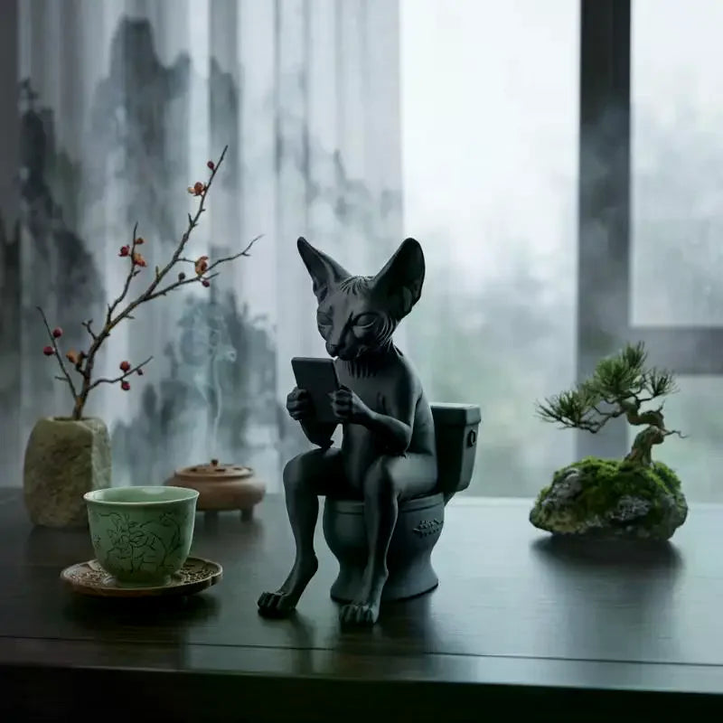 Black Cat on Toilet Figurine | Whimsical Matte PLA Desk Decor