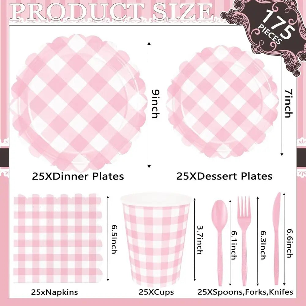 Pink Checkered Party Tableware Set – Serves 25 Guests