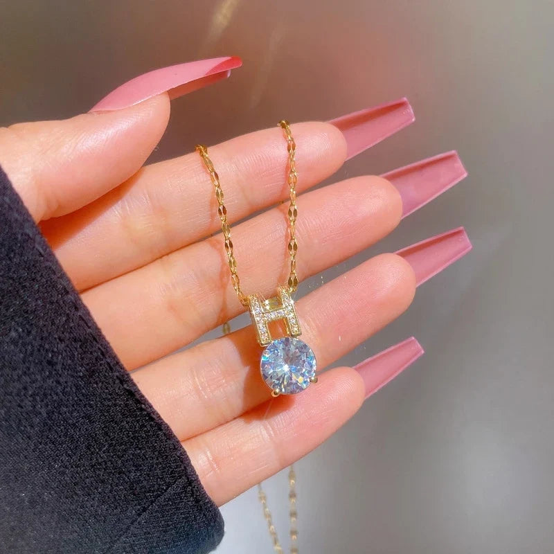 Women's Gold Zircon Pendant Necklace – Stainless Steel Chain