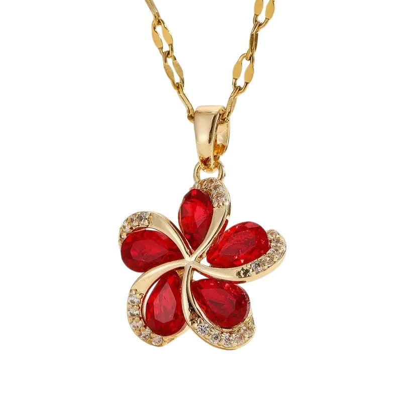Women's Gold Flower Pendant Necklace – Zircon & Stainless Steel