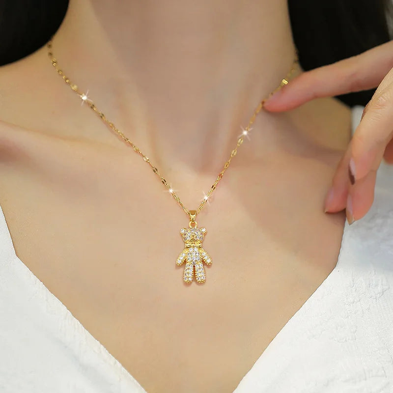 Butterfly Bow Bear Pendant Choker Necklace – Gold Stainless Steel