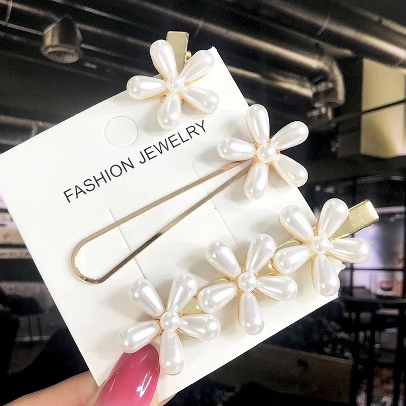 Pearl Crystal Hair Clips Set – Korean Geometric Barrettes