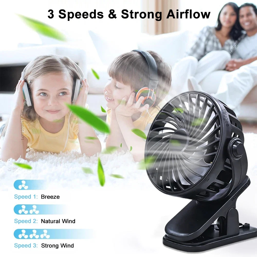 Portable USB Rechargeable Clip Fan – 360° Rotation & LED Light