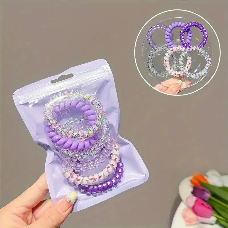 6-Pack Spiral Elastic Hair Ties – Colorful Telephone Wire Bands