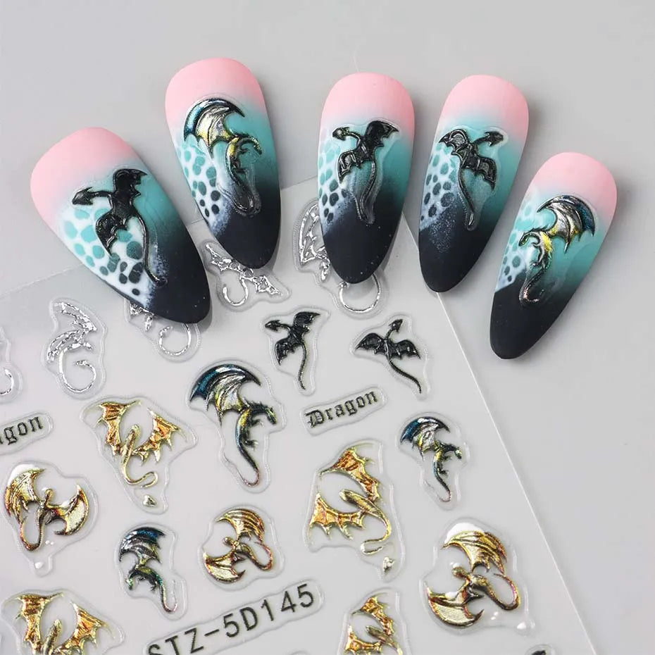 5D Embossed Dragon & Snowflake Nail Stickers – Metallic Decals