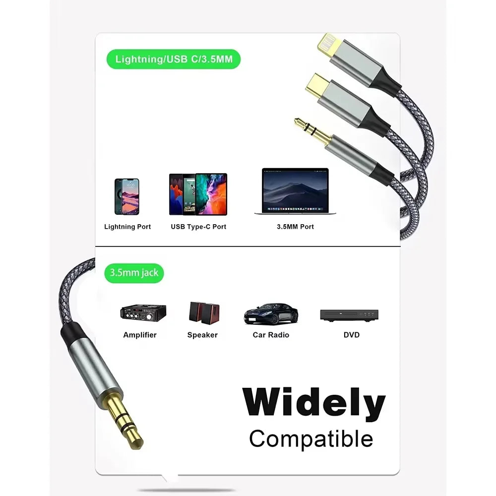 3-in-1 USB-C Lightning to 3.5mm Aux Audio Cable | Male to Male
