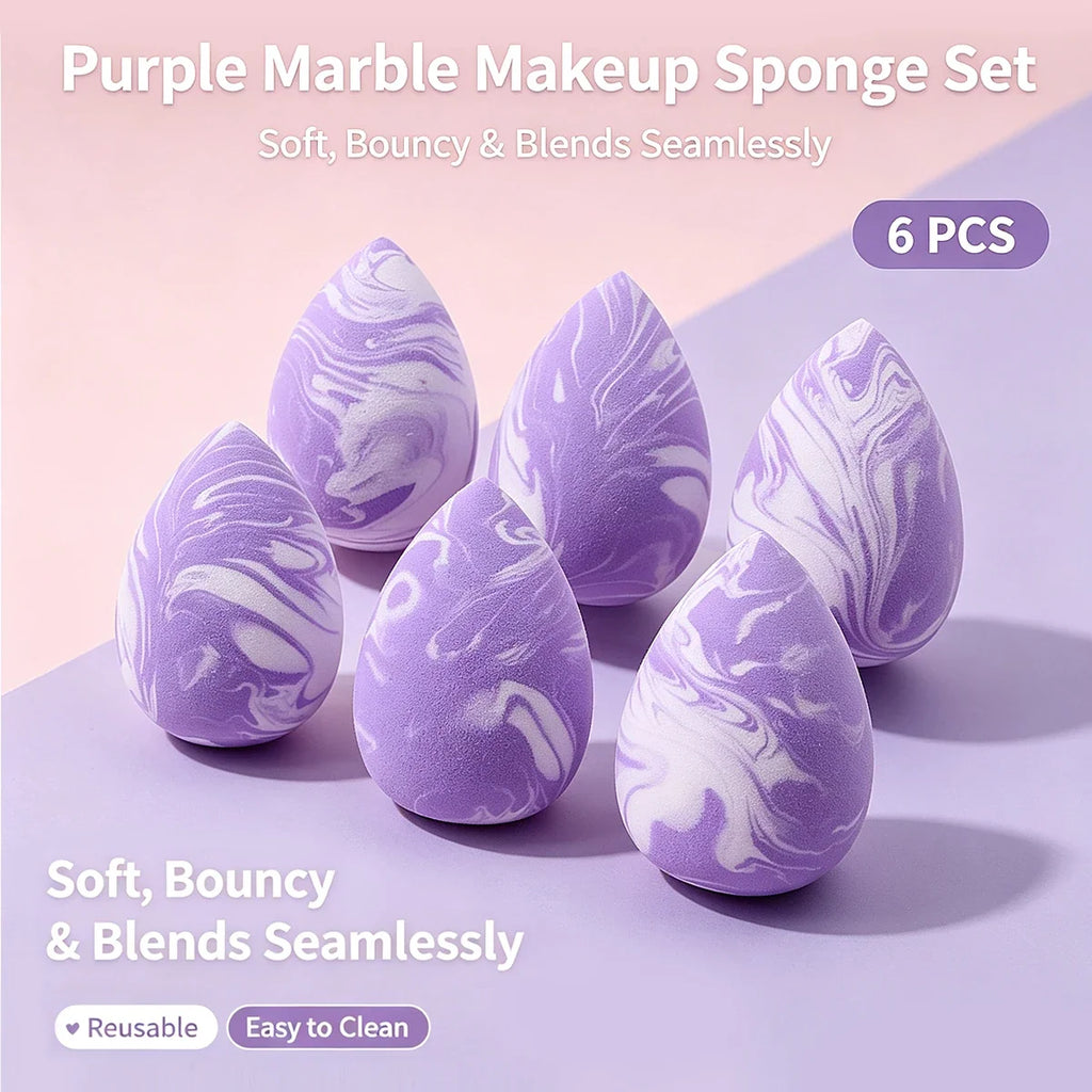 6-Piece Purple Marble Makeup Sponge Set – Latex-Free Blender