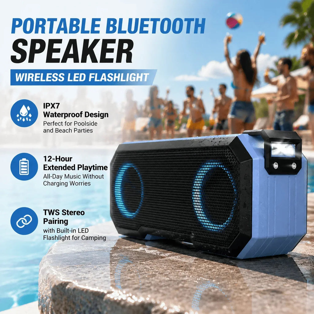 STONEGO IPX7 Waterproof Bluetooth Speaker LED Bass FM Radio