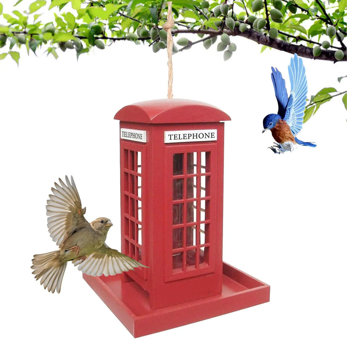 Red Telephone Box Wooden Bird Feeder – Hangable Garden Decor