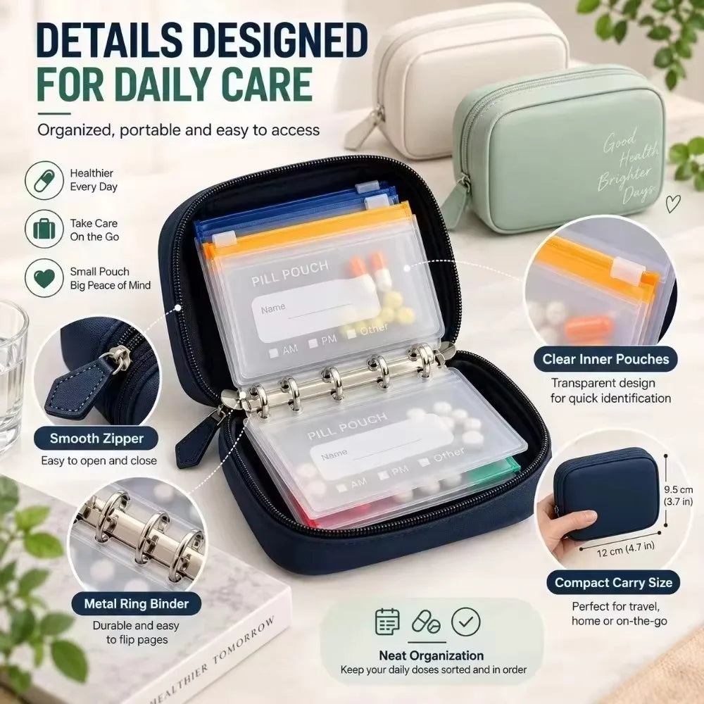 Compact Pill Organizer – 14 Zipper Pouches & Binder Case