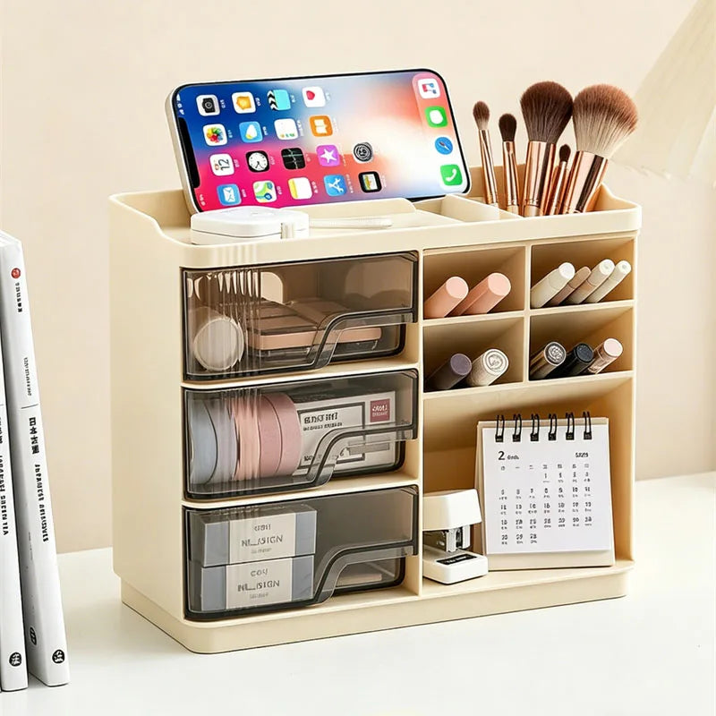 Slanted Makeup Brush Holder with 3 Drawers | Vanity Organizer