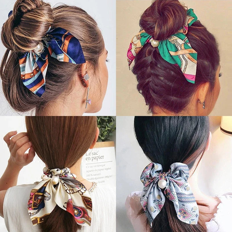 Chiffon Pearl Bow Hair Scrunchies – Women's Ponytail Holder