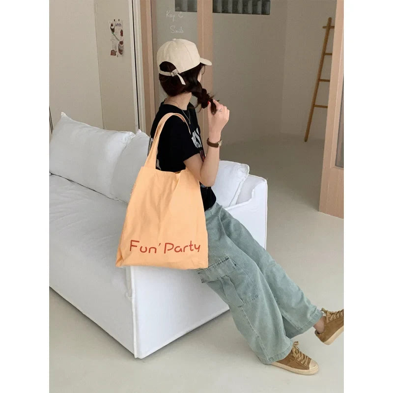 Korean Letter Print Canvas Tote Bag – Large Capacity Cream
