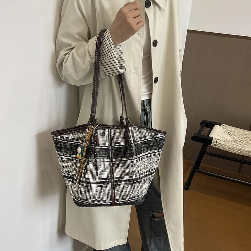 Large-Capacity Striped Canvas Tote Bag – Women's Shoulder Bag
