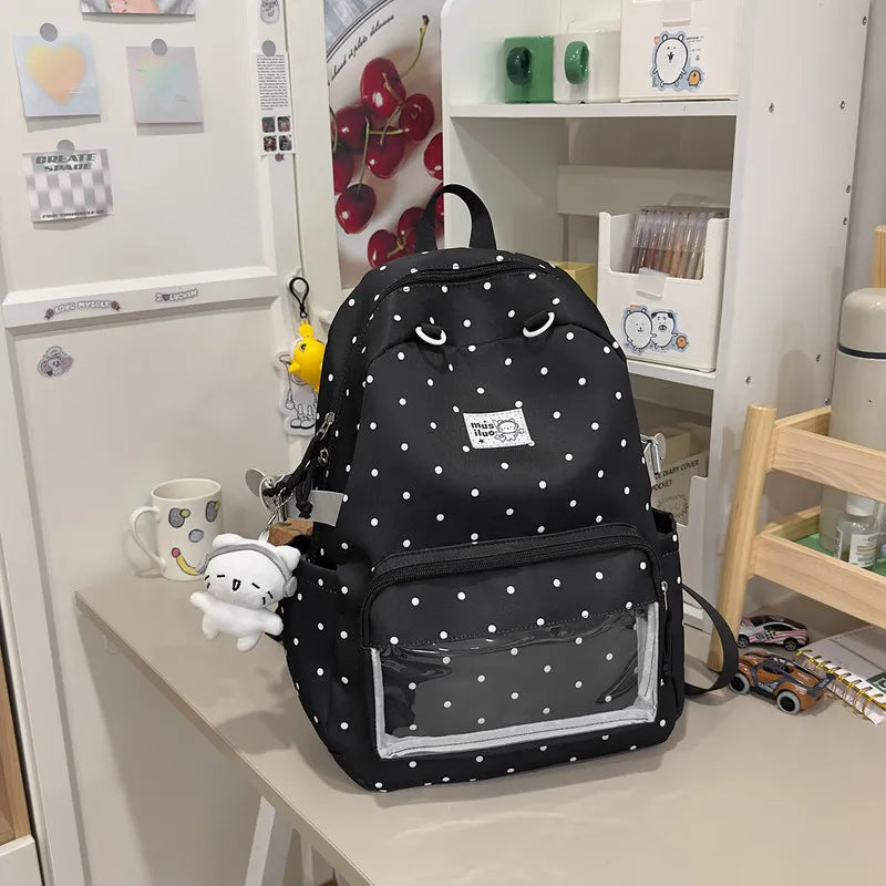 Korean Polka Dot Backpack – Large Capacity Waterproof School Bag