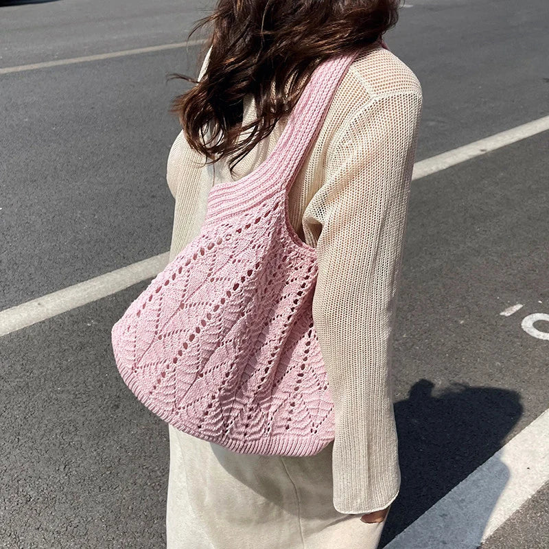 Women's Knitted Cotton Tote Bag – Large Capacity Shoulder Bag