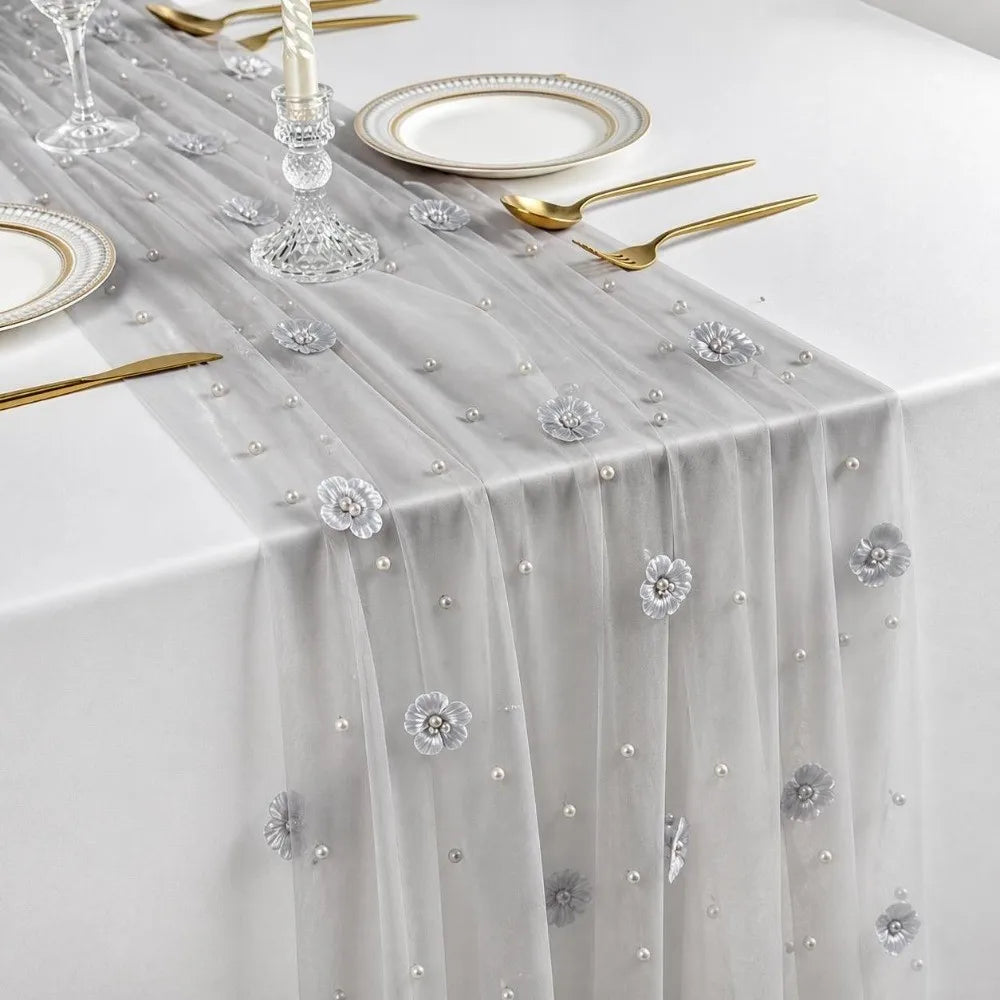Tulle Table Runner 75x300cm Sheer Floral Embroidered Décor