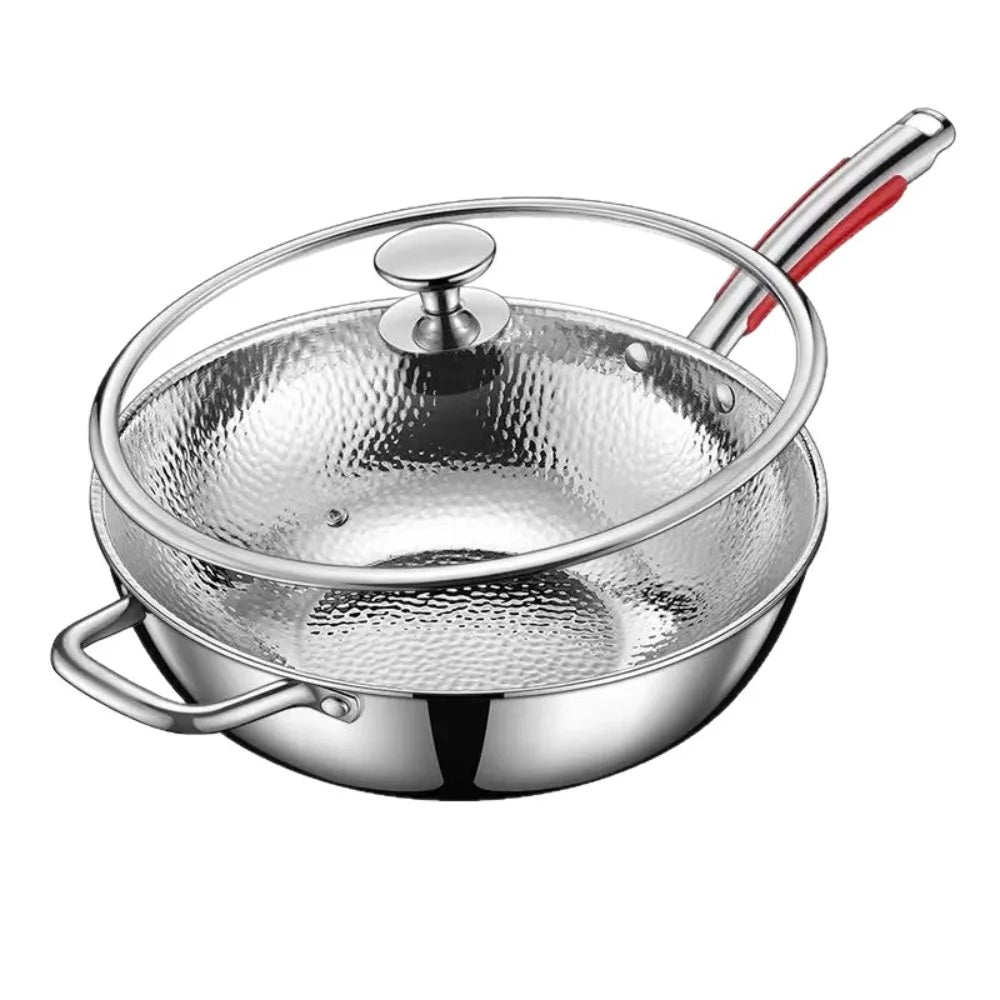 FEB.WIND Uncoated Stainless Steel Wok Flat Bottom Frying Pan