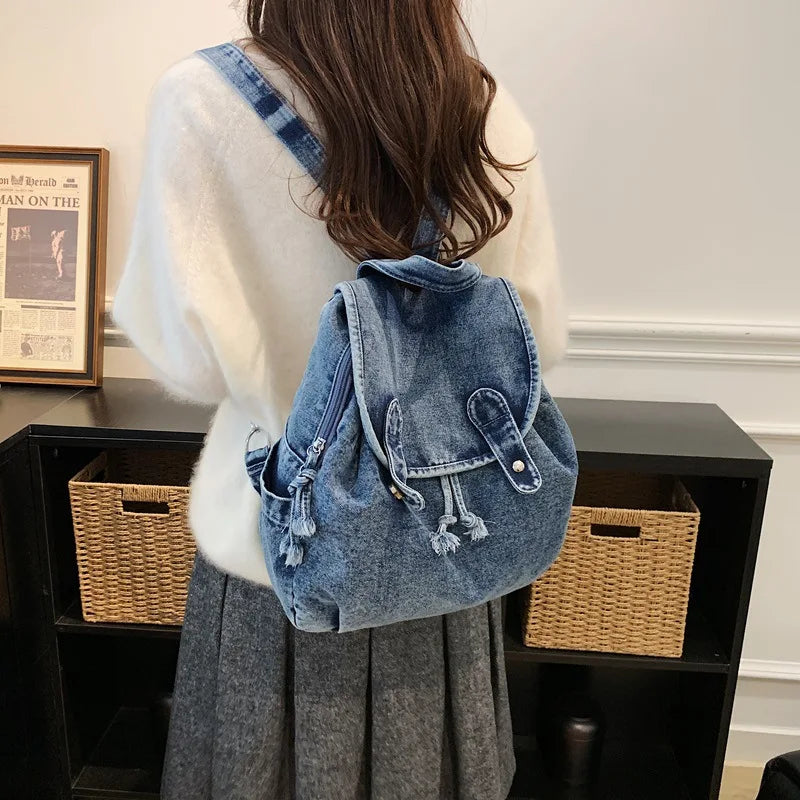 Women's Denim Backpack Large Capacity Retro Travel Bag