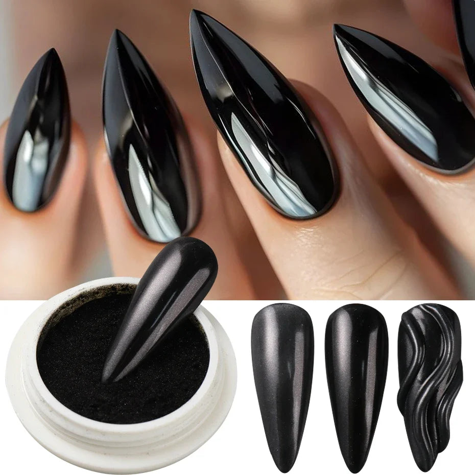 Black Chrome Mirror Nail Powder – Metallic Glitter Pigment