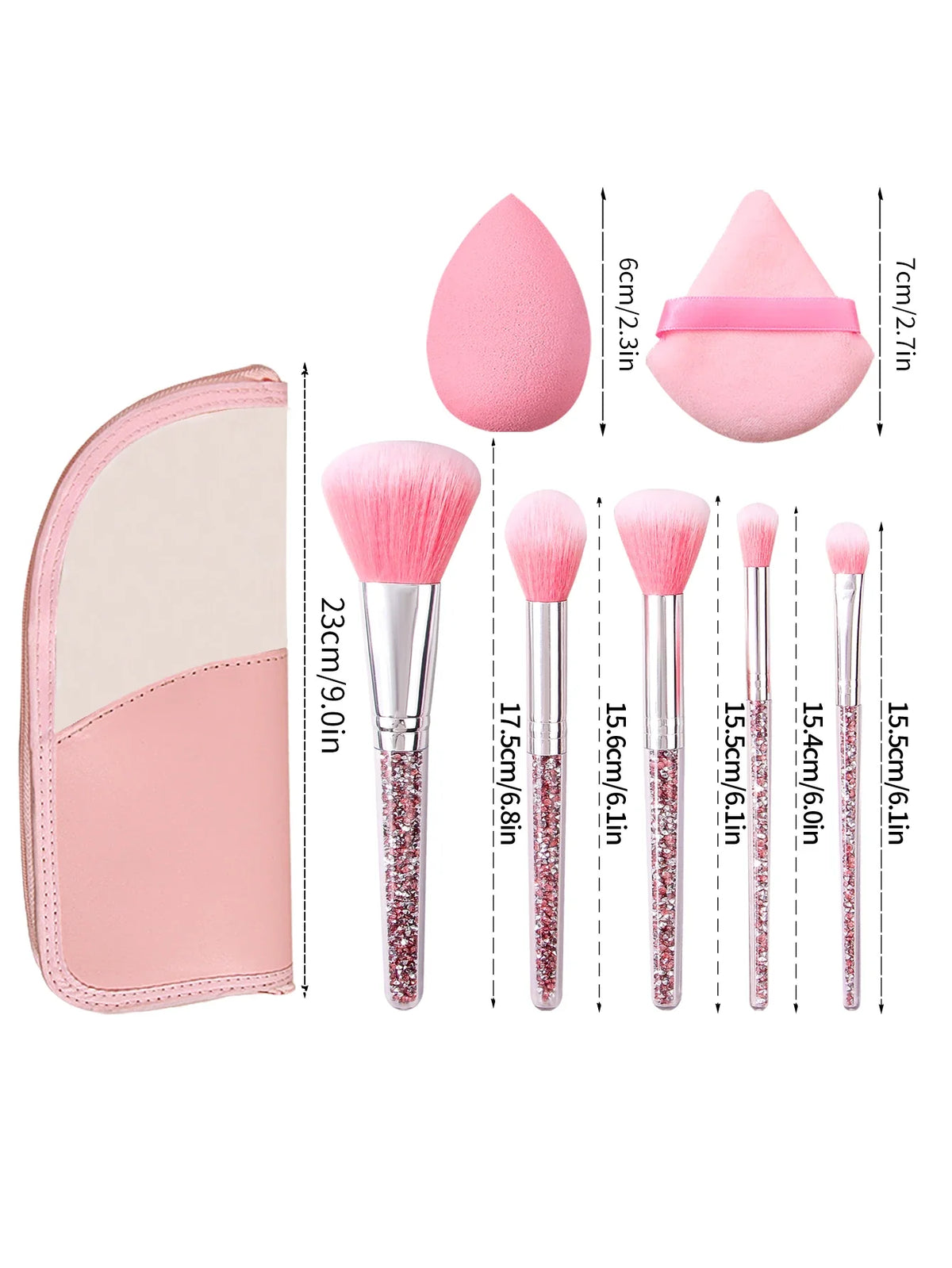 5-Piece Pink Diamond Makeup Brush Set with Bag, Sponge & Puff